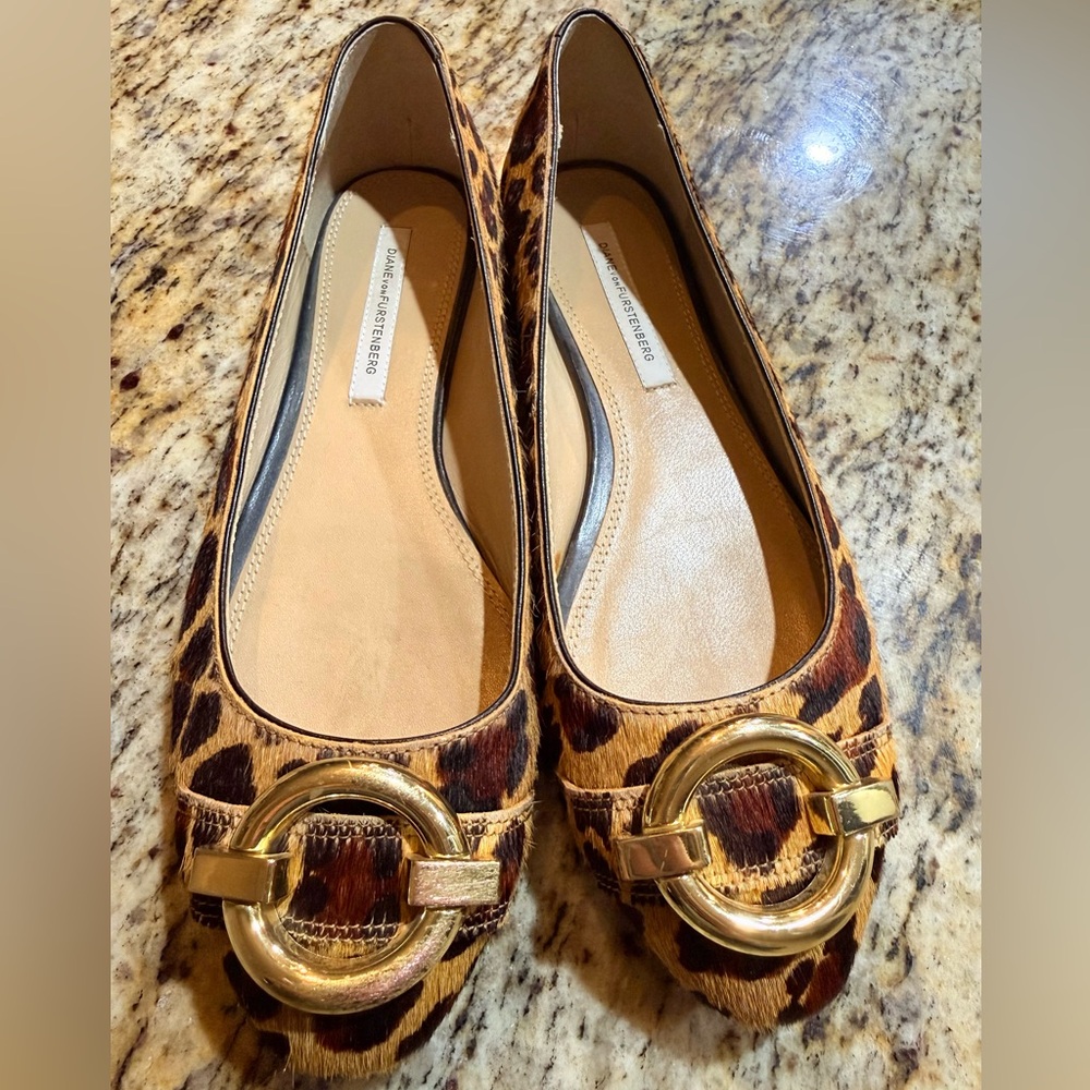 DVF Animal Print Flats with Gold Accents